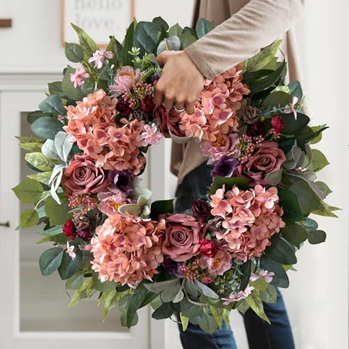 WANNA-CUL 24 Inch Pink Hydrangea Spring Wreath for Front Door