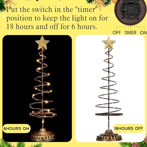 Set of 2 Lighted Christmas Tree Table Decoration with Golden Star Battery Operated Tabletop Prelit Mini Xmas Tree with LED Light up Desk Ornament for Home Mantel(Spiral,Gold)