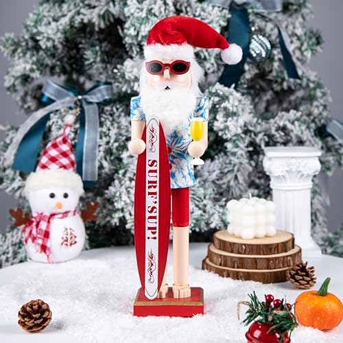 15 Inch Christmas Nutcracker Wooden Summer Nautical Surfer Santa Nutcracker Figure Beach Tabletop Centerpieces Festival Florida Tropical Shelves Decorations (Surfboard+Swim Ring)