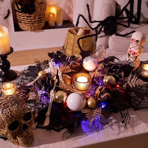 DecorbyHannah 24'' Skeleton Halloween Wreath with Lights for Front Door