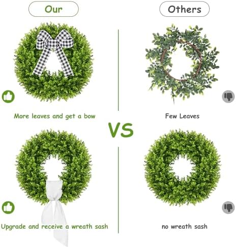 Vlorart 20" Boxwood Wreath for Front Door with Sash & Plaid Bow, Full Lush Artificial Greenery Wreath for Spring Summer Farmhouse Wall, Window & Wedding Decor