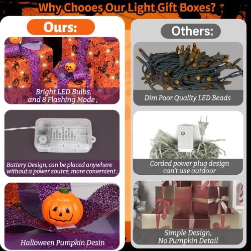 3 Pieces Lighted Boxes Halloween Decorations, Lighted Gift Boxes with Bat,Spider Web,Broom & Pumpkin Print, Foldable Light up Boxes with Pumpkin Bow for Yard, Patio, Haunted House Décor