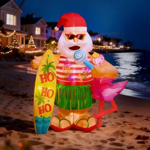 6FT Christmas Inflatable Hawaiian Santa Claus with Flamingo and Surfboard Outdoor Decoration, Tropical Blow up with Build-in LEDs for Indoor Outdoor Xmas Party Garden Yard Lawn Decor
