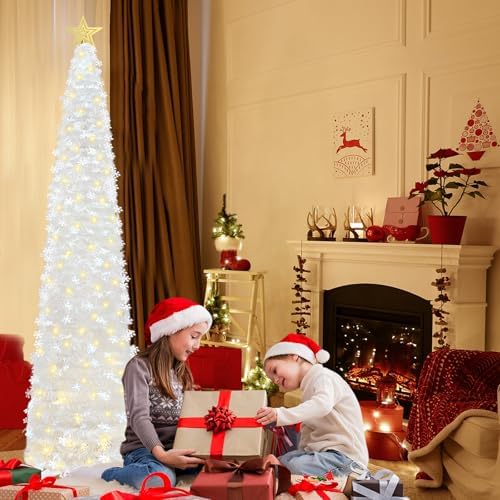 HMASYO 6 FT Pop Up Tinsel Christmas Tree with 100 LED Timer Lights & Remote, White Collapsible Artificial Pencil Tree with Snowflake Ornaments Xmas Decoration for Home, Office, Party, USB Powered