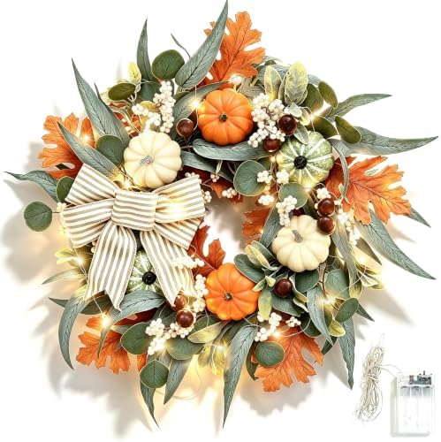 24" Lighted Fall Wreath with Pumpkins Thanksgiving Front Door Autumn Decor