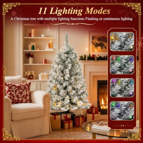 Okicoler 4FT Pre-Lit Flocked Downswept Artificial Christmas Tree, Battery Operated 80 LED Lights with 11 Lighting Modes, 176 Branch Tips, Sturdy Foldable Base, White