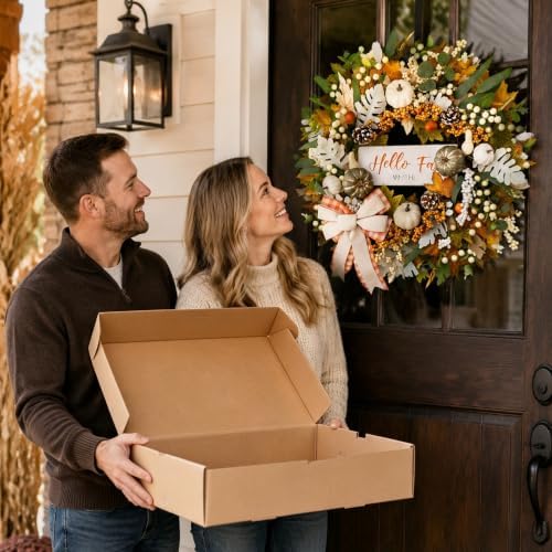 24'' Fall Wreaths for Front Door with Lights and Timer, Farmhouse