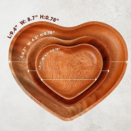 VieWood Heart Wooden Plates Set of 3 Unbreakable Classic Appetizer Plates, Easy Cleaning & Light weight for Dishes Snack, Dessert (Khaya, 4.1" & 6.3" & 8.7")