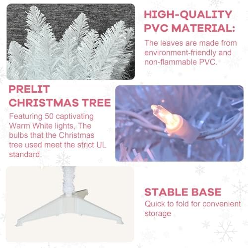 4ft Lighted Artificial White Christmas Tree | Leeheeyee Small Christmas Tree, Not Pre-lit White Tinsel Pine Trees with Lights, Ideal for Home, Office, and Xmas Tree Party Décor