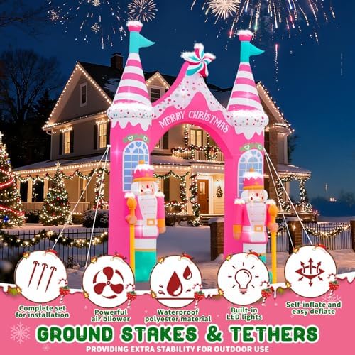 Evoio 12 FT Giant Christmas Archway Inflatables Nutcracker with LED Lights, Pink Xmas Arch Inflatable Stereoscopic Blow up Christmas Outdoor Decorations for Front Yard, Driveway, Lawn, Garden, Square