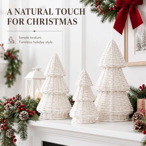 MiniInflat 3 Pcs Woven Rattan Christmas Tree Decor, Classic Weave, White