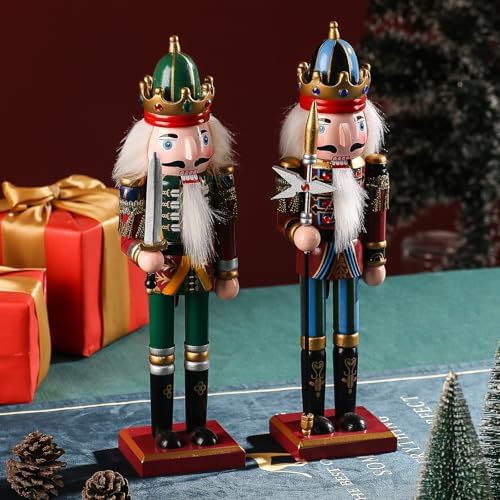 12-Inch Christmas Nutcracker Figurines, Set of 2 Traditional Wooden King & Soldier with Sword & Spear, Handcrafted Standing Holiday Decorations for Fireplace, Shelf, or Tabletop Display