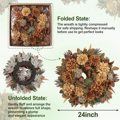 24" Fall Wreaths for Front Door with Mums Dahlias Queen Anne's Lace