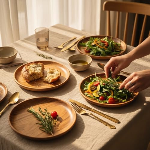 Acacia Round Wood Plates, Set of 4, 8 In, Appetizer, Side & Dessert Plates