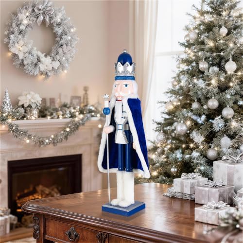 Glitzhome 24" H Wooden Christmas Nutcracker Ornaments Blue King Nutcracker Figurine Christmas Table Decor Traditional Christmas Decor for Tables Desktop Porch Holiday Festive