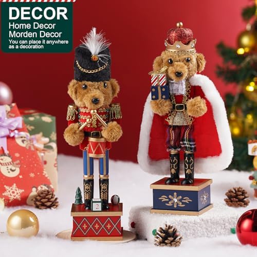 2 Pcs Wooden Christmas Decorations Nutcracker, 28CM/11 inch Traditional Nutcracker Figures,Festive Collectible Christmas Nutcracker Figures Party Tabletop Thanksgiving Decor (Bear Drummer & Bear King)