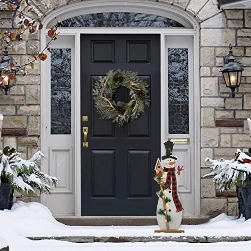 Glitzhome 36" H Lighted Wooden Christmas Snowman Porch Sign Standing Snowman with Birdhouse Porch Decor Rustic Merry Christmas Welcome Sign Holiday Party Outdoor Indoor Xmas Decorations