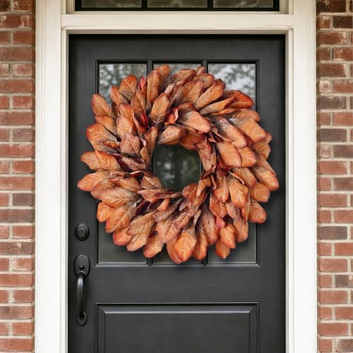 26" Artificial Fall Magnolia Leaf Wreath for Front Door Decoration (Orange)