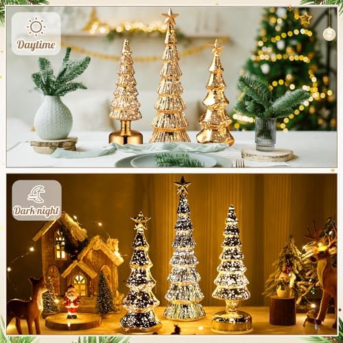 Funnymoom 3 Pack Glass Christmas Trees Light up Decor, Gold, Classic