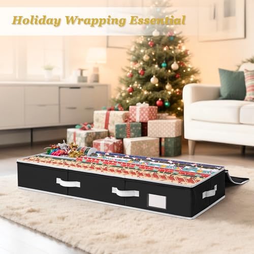 Criusia Gift Wrapping Paper Organizer Storage, Durable Underbed Storage Container Fits 24 Rolls, with Removable Dividers and Pockets for Ribbon, Ornaments, Holiday Accessories, Black