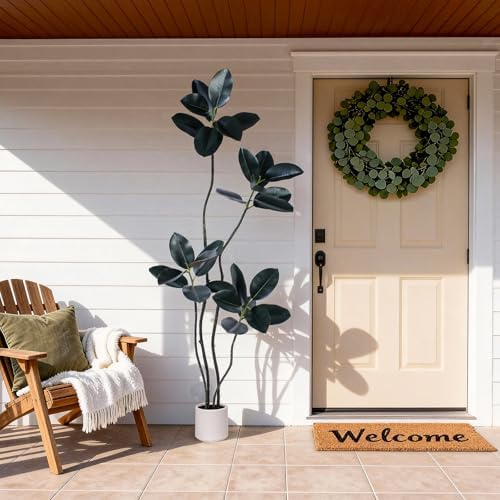 Artificial Rubber Tree 6FT Tall Faux Plants Indoor Artificial Trees Potted - Fake Tree with White Planter Large Floor Plant for Home Office Room Outdoor Decor