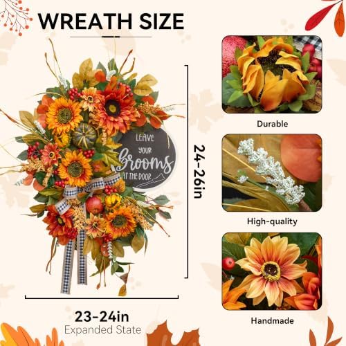 Fall Wreaths for Front Door 24 Inch Outside, Autumn Rustic Sunflower Wreath