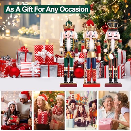 3 Pcs Wooden Christmas Nutcracker Soldier,30CM Traditional Painted Nutcracker Figures,Festive Collectible Christmas party for Home Fireplace Christmas Tree Party Decoration (Drummer&Spear&Swordsmen)