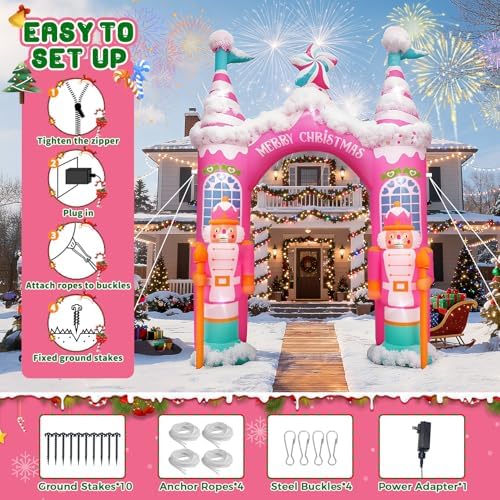 Evoio 12 FT Giant Christmas Archway Inflatables Nutcracker with LED Lights, Pink Xmas Arch Inflatable Stereoscopic Blow up Christmas Outdoor Decorations for Front Yard, Driveway, Lawn, Garden, Square
