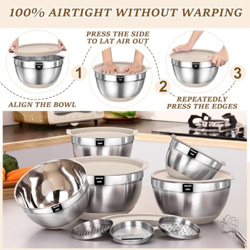 Umite Chef Mixing Bowls with Airtight Lids Set, 8PCS Stainless Steel Nesting ...