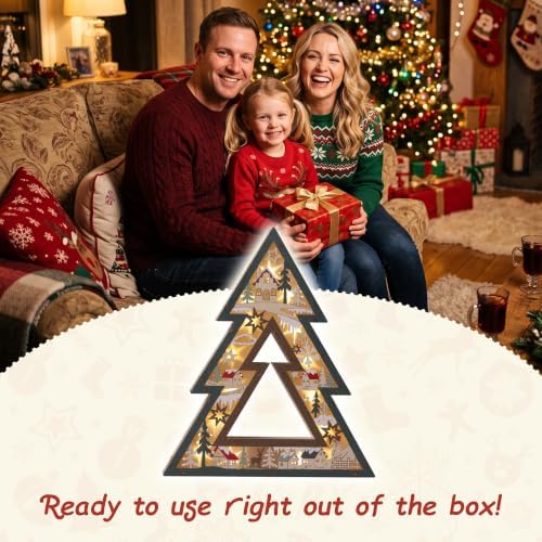 Wooden Christmas Tree Lighted Tabletop Decor, Xmas Winter Village Ornament