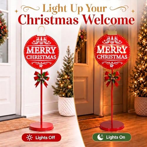Christmas Signs with LED Lights,Battery Operated Metal Outdoor Porch Decor