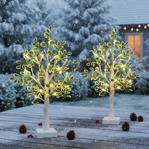 24 LED Artificial Tree Lamp, Lighted Trees for Indoor Decor USB/Battery Powered with Timer, DIY Green Leaves Light Up Tree Fairy Spirit for Table Home Bedroom Spring Decoration