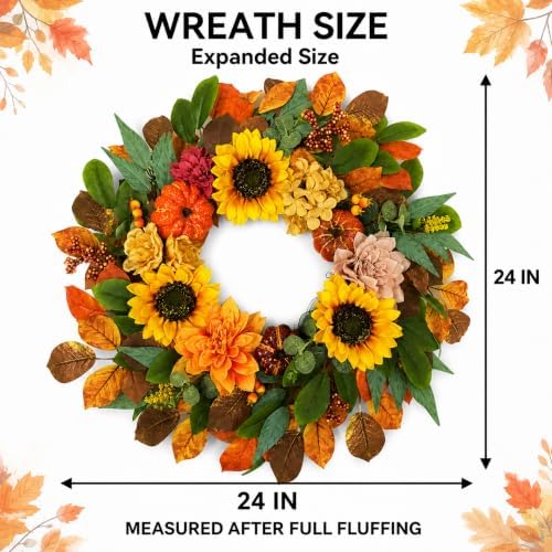 24 Inch Fall Wreaths for Front Door with Pumpkins, Sunflowers & Berries