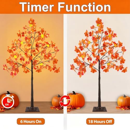 2 Pack 4Ft Prelit Lighted Fall Maple Tree 96 LED with Pumpkin Lights Acorns