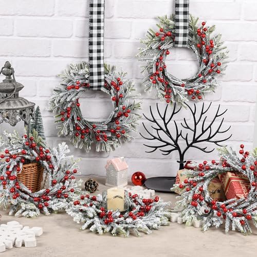 12 Pcs 9.5'' Small Christmas Kitchen Cabinet Wreaths with Adjustable Ribbon Mini Hanging Christmas Wreath Candle Rings Artificial Norfolk Pine Wreath for Door Window Wall (White & Black Plaid)