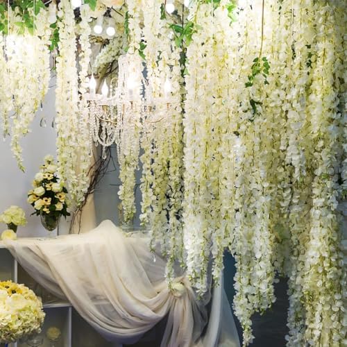 Artificial Wisteria Hanging Flowers Fake Wisteria Flower Garland Silk Vines Rattan Decor for Home Wedding Arch Wall Garden Greenery Bedroom Outdoor Office Party Decoration (36, White)