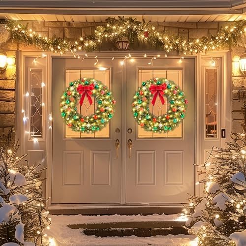 Yaheetech 30in Large Artificial Christmas Wreath, Pre-lit Holiday Accent Decoration with Red Bow, 110 LED Lights & 300 PVC Tips, Metal Structure for Door Wall & Mantel