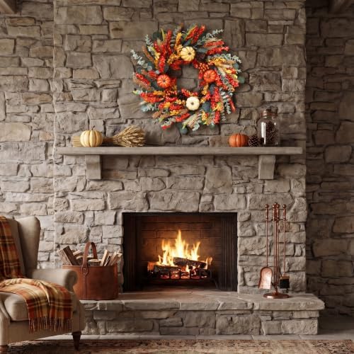 22" Fall Eucalyptus Wreaths for Front Door with Mixed Pumpkins and Berries