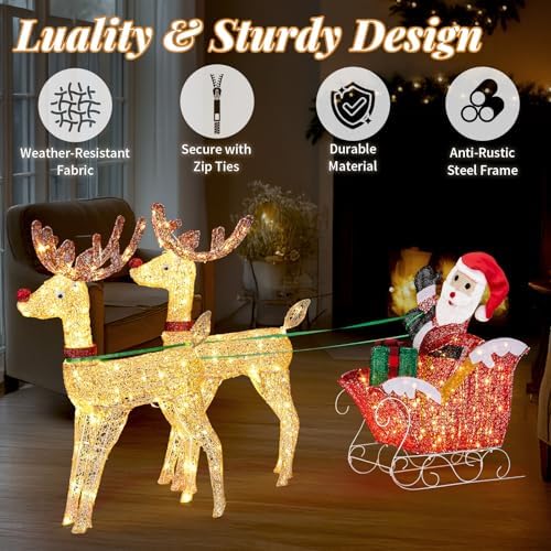 VINGLI 6FT Lighted Christmas Reindeer and Sleigh Outdoor Decorations, 2 Reindeer Pulling Santa’s Sleigh, Warm White LED Glitter Mesh Deer for Xmas Yard Lawn Garden Porch Holiday Decor