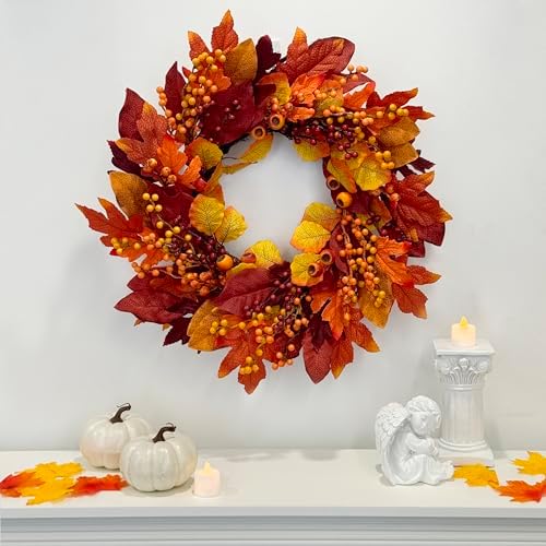 TOKCARE 24 Inch Fall Wreaths for Front Door with Maple Leaves and Berries