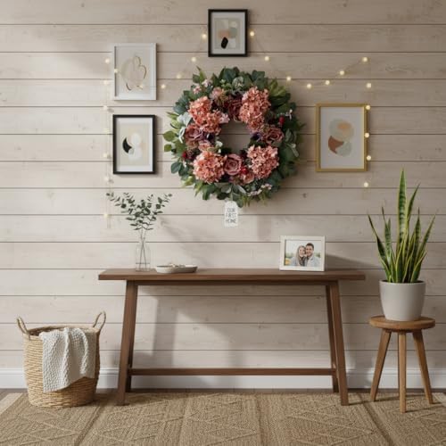 WANNA-CUL 24 Inch Pink Hydrangea Spring Wreath for Front Door