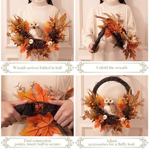 Valery Madelyn 24'' Collapsible Fall Wreath for Front Door with Owl Pumpkin