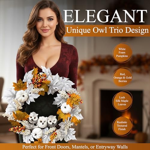 21 Inch Owl Pumpkin Fall Wreath - Autumn & Thanksgiving Door Decor