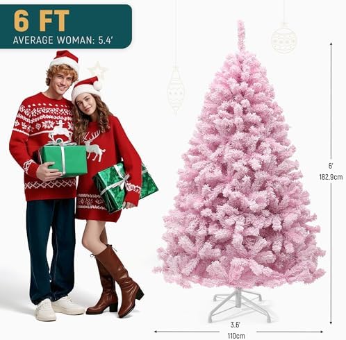 YITAHOME 6FT Prelit Pink Flocked Christmas Tree with Warm-White Lights
