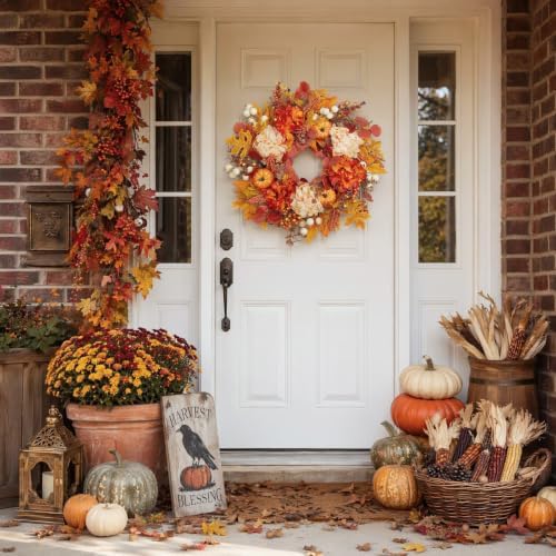24 Inch Fall Wreath for Front Door, Artificial Autumn Leaves with Pumpkins