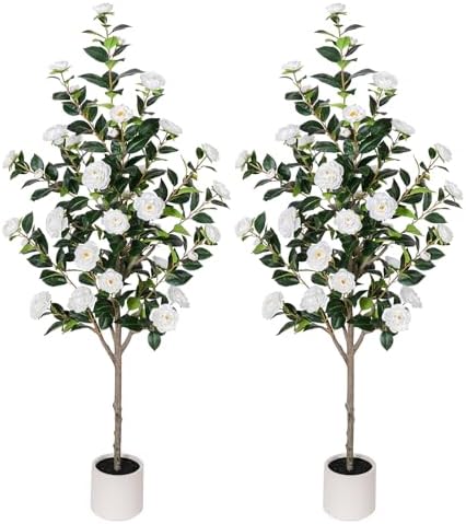 Yepdin 63 inch Artificial Camellia Tree with White Flower Pots -2 Pack White Fake Tree,5 Ft Faux Plants Indoor wich Blooming,Artificial Plants for Indoor & Outdoor Home Front Door Decor