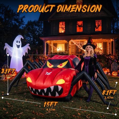 15FT Red Spider Car Halloween Inflatables Outdoor Decorations Built-in LEDs