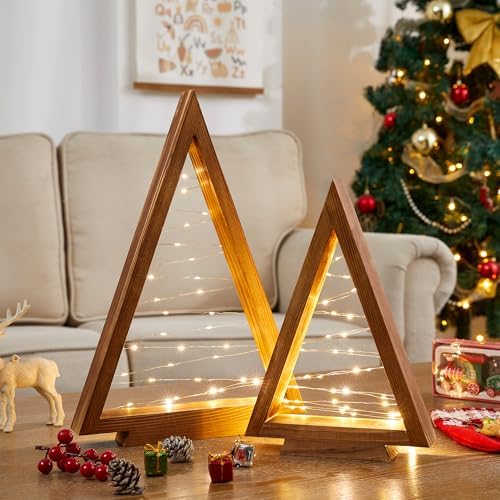2 Pack Wooden Christmas Tree with Lights, Tabletop Decor-Brown