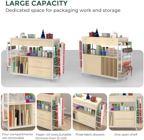 Wrapping Paper Storage & Organizer, Craft Cart with Ribbon & Gift Bag Storage, Wrapping Paper Organizer Holder(3 Wooden Drawers- Oak)