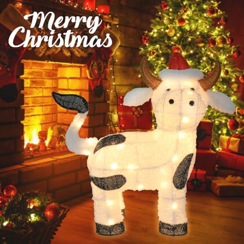Bshine Lighted Christmas Cow Decor, Pre Lit LED Holiday Display